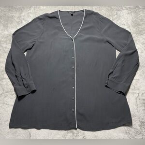 Eileen Fisher 100% Silk Long Sleeve Button Up Blouse Womens Gray White Trim